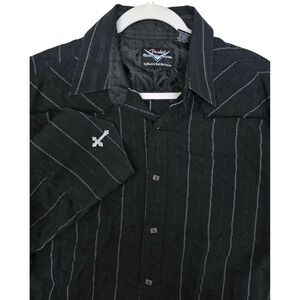 Fender Shirt Mens XL Black Striped Long Sleeve Snap Cross Western Rock Religion